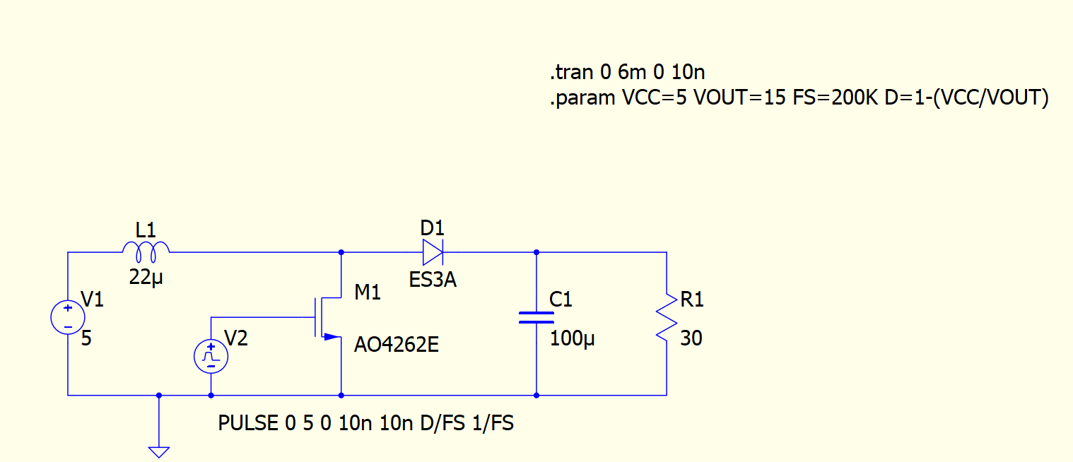 QSPICE schematic of the 5V to 15V boost converter